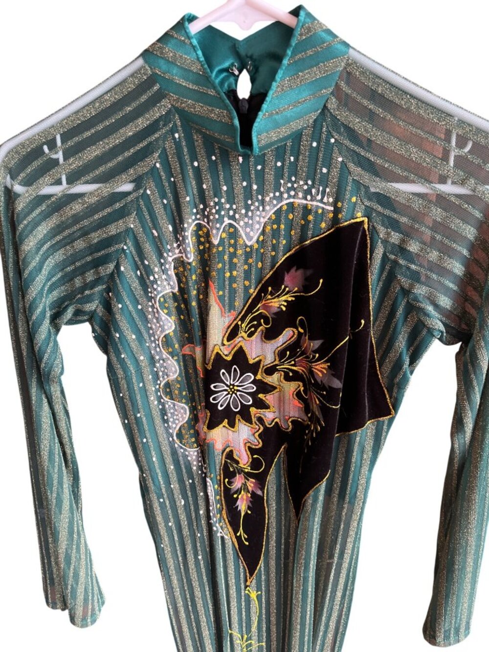 Green & Gold Striped Floral Embellished Long Sleeve Dress M 46d - Picture 2 of 5